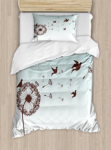 Ambesonne Art Duvet Cover Set Twin Size, Dandelion Flower Arrangement Petals Doves Flying Silhouettes Fantasy Blooms Print, Decorative 2 Piece Bedding Set with 1 Pillow Sham, Turquoise Brown
