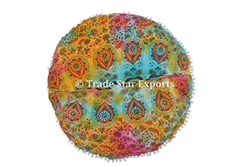 Groß Rund Bodenkissen, Abbindebatik Mandala Kopfkissen 81,3 cm dekorativer Überwurf-, Indian Pouf Polsterhocker, Boho Außenkissenbezug, POM POM kissenrollen - 5