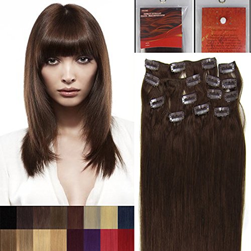 14 inch Full Head 04 Medium brown Clip in Human Hair Extensions. High quality Remy Hair 100g Weight