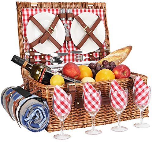 Sunflora Wicker Picnic Basket for 4 Persons Set with Large Insulated Compartment Premium Stainless S