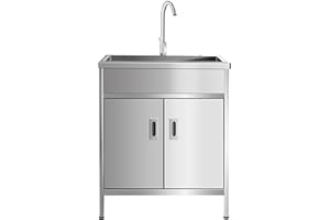 HARELA Lavandino Esterno Inox Professionale, Mobile Lavello da Cucina 1 Vasca, Lavandino per lavanderia con mobiletto e rubinetto estraibile, per garage, ristorante, cucina, lavanderia(50x40x80cm/19.7x15.7x3