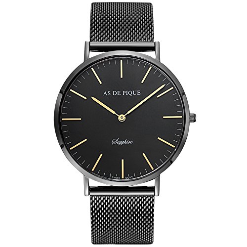 AS DE PIQUE Classic Luxus Armbanduhr schweizer Uhrwerk kratzfestes Saphirglas Mesharmband schwarz gold AS DE PIQUE Classic Luxus Armbanduhr schweizer Uhrwerk kratzfestes Saphirglas Mesharmband schwarz gold