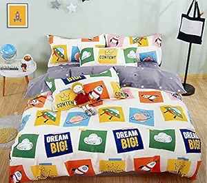 Mosho Kids Polycotton 180 TC Cartoon Space Ships Rockets Print Double Bed Bedsheet with 2 Pillow Covers