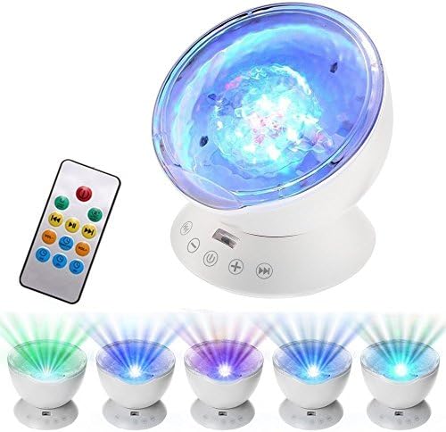 7 Modes Color Changing Night Light Ocean Wave Projector Light with Remote Control, Built-in Hypnosis Music and Mini Speaker for Bedroom Bathroom Children Room - OL104