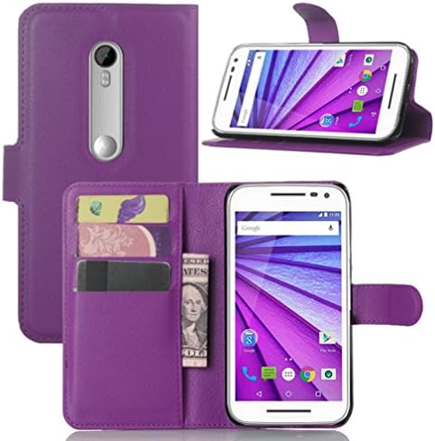 HualuBro Moto G 3rd Generation Case, Premium PU Leather Wallet Flip Phone Protective Case Cover with Card Slots for Motorola Moto G 3rd Gen / G3 2015 Smartphone (Purple)