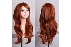 Fouriding 70CM Parrucche Donna Cosplay Lungo Ricci Ondulata Parrucca con Frangia Sintetica Costume di Halloween, Marrone