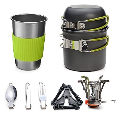 ODOLAND 11en1 Kit de Casseroles + Réchaud Camping - ODOLAND Ustensiles complets, Ultraléger pour 1 gens - Casseroles anti-adhésifs en Alliage d'Alu, 470ml tasse en acier inoxydable, Réchaud pliables, Isolation thermique, Poignées anti-dérapant
