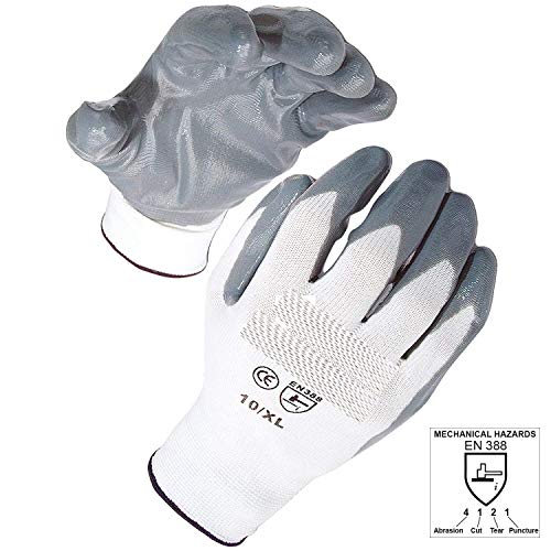 Grey Nitrile Palm Coated - 13 Gauge White Poly Liner Work Safety Gloves (1, SIZE 10(X-LARGE))