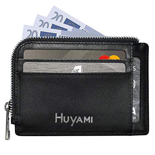 Porte Carte de Crédit en Cuir Ultra Fin - Blocage et Sécurité Anti RFID - Porte-Monnaie intégré avec Zip - ? Ebook Offert? - Portefeuille Rigide en Cuir - Jusqu'à 6 Cartes bancaires - par HUYAMI