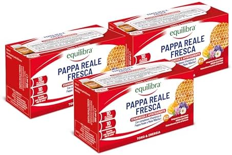 Equilibra Integratori Alimentari, Pappa Reale Fresca, Integratore con Vitamine del Gruppo B, Arricchito con Miele Millefiori, Adatto Anche ai Bambini Sopra i 6 Anni, 3 Confezioni da 10 Flaconcini