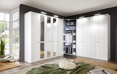 lifestyle4living Kleiderschank, Eckkleiderschrank, 3-TLG Drehtürenschrank, Eckschrank, Spiegelschrank, Schranksystem, Wäscheschrank, alpinweiß