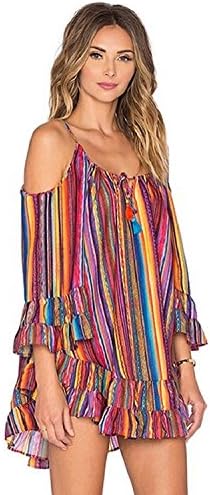 Yistu Cool Unique Women's Summer Rainbow Print Fringed Beach Dress Loose Chiffon Strap Dress (XXL)