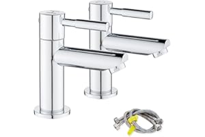 Ankoory Bathroom Basin Pillar Taps, Pair of Sink Taps for Washroom, Modern 2PCS Faucets, Hot and Cold Taps with Flexible Tails, 1/4 Turn Ceramic Disc, Quick Installation, Brass (Chrome)