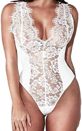 LHWY Lingerie Jumpsuit Lace Nightwear Underwear Sleepwear Bodystocking G-String Stylish Thong Bodysuits For Women Elastic (White, M)