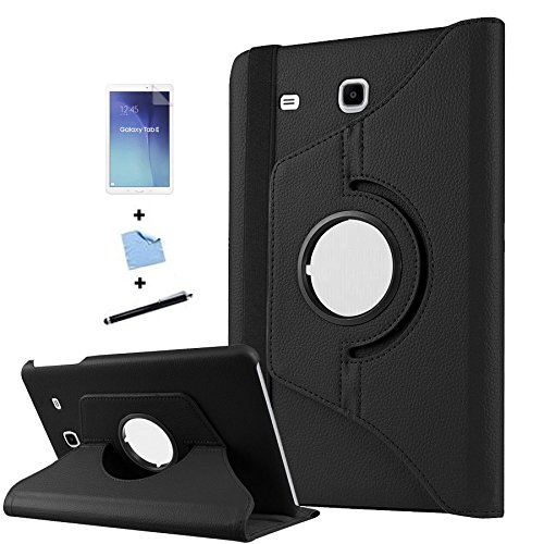 TIODIO® 360° Drehbares Ledertasche Für Samsung Galaxy Tab E 9.6-Inch SM-T560/SM-T561 Schutzhülle Case Tasche mit Ständerfunktion+ Displayschutzfolie + Eingabestift Stylus Touch Pen, Schwarz