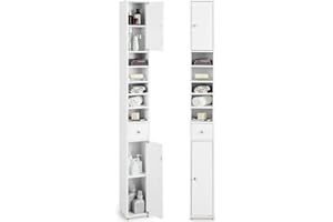 COSTWAY Wysoka Wąska Szafka Łazienkowa 20x20x180 cm z 2 Drzwiczkami, 1 Szufladą i Regulowanymi Półkami, Oszczędzająca Miejsce Regał do Łazienki, Salonu i Kuchni, Biała