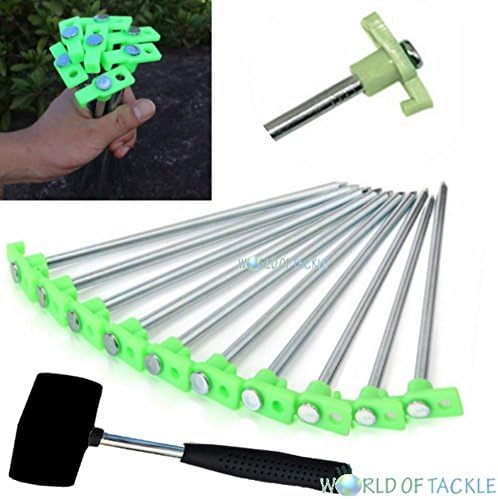 10 x Glow In The Dark Heavy Duty Steel Rock Tent Pegs And Mallet for Camping and Carp Bivvy Fishing