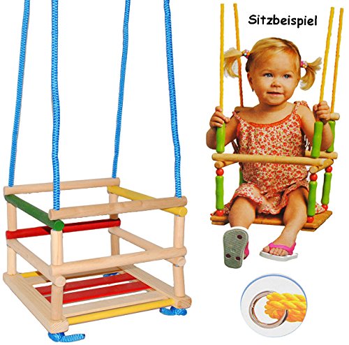 Schaukel aus Holz – Gitterschaukel / Kinderschaukel – leichter Einstieg ! – mitwachsend & verstellbar – Babyschaukel – Kleinkindschaukel verstellbar – Holzschaukel Baby Kinder – Holzgitterschaukel für Innen und Außen – mit Sicherheitsstäben / bunte Stäbe – Holzbabyschaukel - 3