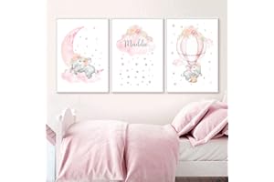 YOUIHOM 3 Cuadro Personalizado Bebe Niña Laminas Animales con Nombre Elefantes Estrellas Nube Luna Globos Poster Habitacion Infantiles Niños Lienzo Decorativo Pared Gris y Rosa 30x40 sin Marcos