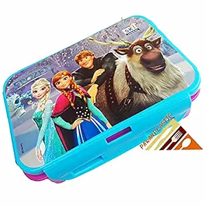 PP Kidz Ice Queen Theam Airtight Lock and Fit Lunch Box with Small Curry Container, Folk n Spoon for Boys and Girls ( Colours and Prints May Be Vary)