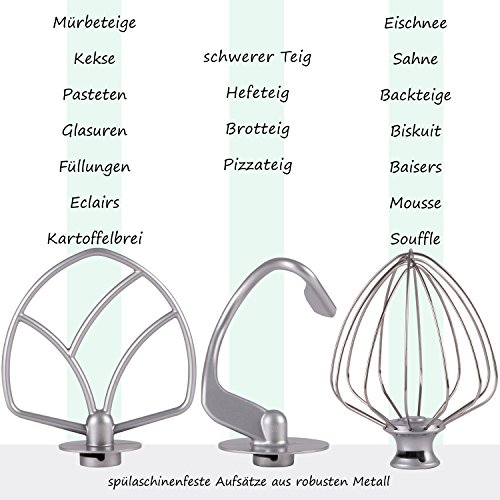 1500W Knetmaschine mit 6 L Edelstahl-Rührschüssel | Planetenrührwerk | Edelstahl-Schneebesen | spülmaschinenfeste Aufsätze | angenehmes Betriebsgeräusch | Rührmaschine | Teigmaschine | Küchenmaschine - 5