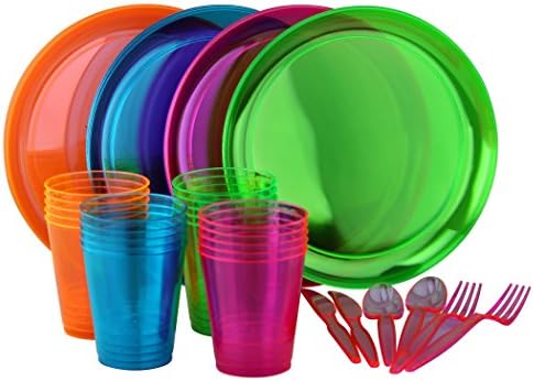 Party Plus Bright Neon Party Set! Includes Assorted Colors of Neon Plates, Cups &amp; Cutlery for 8