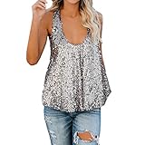 Dorical Tank Tops Damen Weit/Frauen Pailletten Verziert Sparkle Trägershirt-Weste Shimmer Glam Party Sommer Camisole Ärmelloses Oberteil Tops Loose Promo(Silber,X-Large)