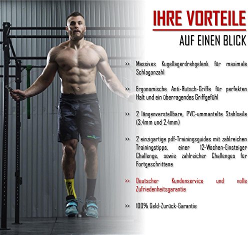 Springseil Speed Rope von BeMaxx Fitness + Trainingsguide & Ersatzseil – 2 verstellbare High Speed Stahlseile, Profi Kugellager & Anti-Rutsch Griffe – Sport, Crossfit, Boxen, Training für Erwachsene - 7