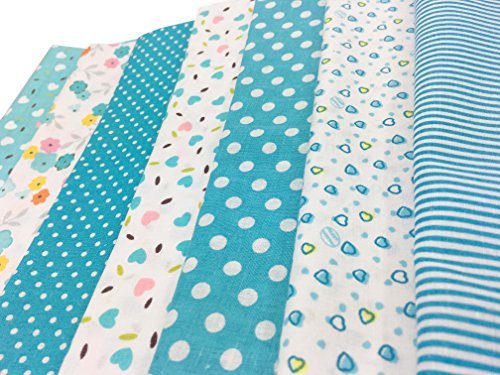 7Pcs Baumwollstoff Patchwork Stoffe DIY Gewebe Quadrate Baumwolltuch Stoffpaket zum Nähen mit vielfältiges Muster 50x50cm Hellblau - 4