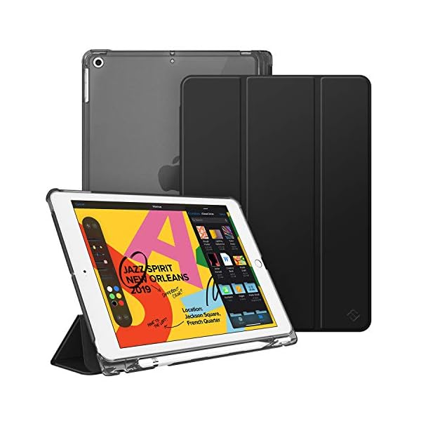 Fintie Funda para iPad 10,2" 2020/2019 con Soporte Integrado para Pencil - Trasera Transparente Carcasa Ligera Función de Auto-Reposo/Activación para iPad 8/7.ª Generación, Negro