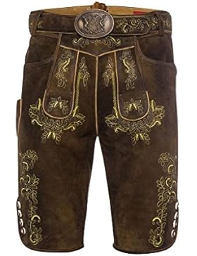 Moser® Herren Lederhose kurz mit Gürtel braun - gelb Anderl 002675, Größe 46