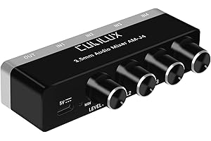 Cubilux 4 Kanal 3,5mm Audio Mixer, Extrem rauscharmer Mini Audio Mixer für Sub-Mixing, 1/8 TS/TRS-Eingang, Stereo-Umschalter, geeignet für Gitarren, Bass, Keyboards