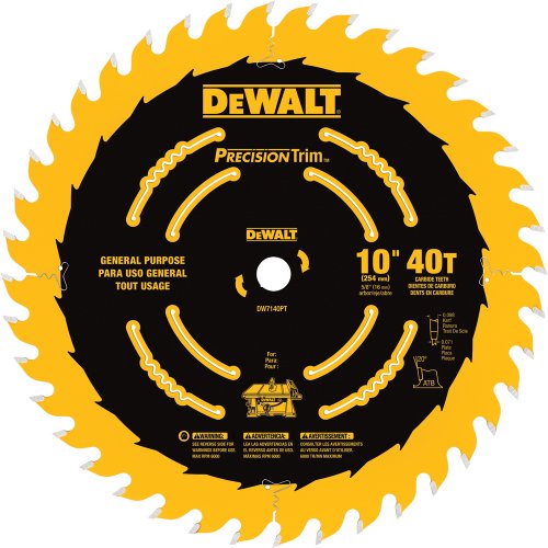 DEWALT 10-Inch Miter / Table Saw Blade, ATB, Ripping and Crosscutting, 5/8-Inch Arbor, Tough Coat, 40-Tooth (DW7140PT)