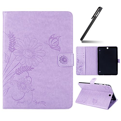 Galaxy Tab S2 9,7 Hülle Case,Samsung Galaxy Tab S2 9,7 Leder Tasche Brieftasche Schutzhülle,Ukayfe Prägung Schmetterling Blumen Malerei Muster PU Lederhülle Flip Wallet Case im Bookstyle Cover Hüllen Lederhülle Schale Stand Ständer Etui Karten Slot Smart Shell Cover Schutzhülle Etui Tasche für Samsung Galaxy Tab S2 9,7 Zoll T810N/T815N/T819N/T813N , Hell Lila