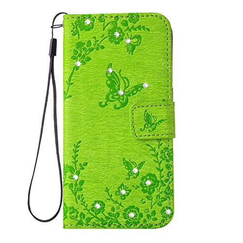 Samsung S5 Hülle,Cozy Hut® Schutzhülle für Samsung Galaxy S5 Leder Wallet Tasche Brieftasche PU Schutz Etui Schale,Intarsien Bling Kristall Glitzer Strass Diamant Prägung Schmetterling Muster Lederhülle im Bookstyle Handyhülle Tasche Wallet Case Handytasche Ständer Kredit Kartenfächer Flip Etui Tasche für Samsung Galaxy S5 - grün