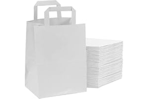 HOT BARGAINS 100 Large White Paper Bags with Flat Handle, SOS Takeaway Carrier, 100% Recyclable, Eco-Friendly Shopping Bags (26 x 14 x 29 cm)