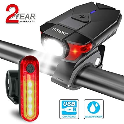 ITSHINY Ensemble d'éclairage de vélo, Kit lumière de vélo USB Rechargeable (Tout Noir)