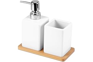DEECOZY Bathroom Accessories Set, 3Pcs Soap Dispenser Toothbrush Holder & Bamboo Tray, Contemporary Ceramic Bathroom Set Reusable for Bathroom, Washbasin, Sink, Bathtub(White)