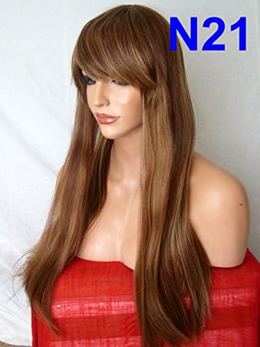 WIG FASHION Long Straight Blunt Fringe Natural Party Heat Resistant Synthetic Hair Wig BLONDE BROWN MIX Full Wig N21