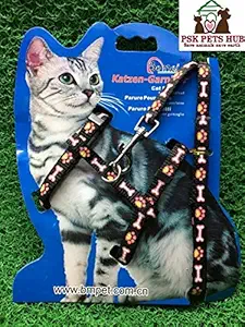 PSK Cat Harness, Adjustable Harness Nylon Strap Collar with Leash, Cat Leash and Harness Set, for Cat and Small Pet Walking Small Cat and Pet Nylon Fancy Pattern Harness Leash (Black Print)