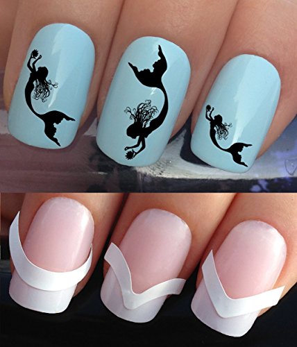 WATER NAIL TRANSFERS DECALS STICKERS ART SET #350 & 172. **plus x48 nail tip guides!!** x24 SWIMMING MERMAID SEASHELL TATTOO WRAPS & x48 FRENCH MANICURE TIP GUIDES! CAN BE USED WITH NATURAL GEL ACRYLIC STICK ON NAILS! OR WITH GLITTER DUST CAVIAR BEADS ALLOYS DECORATIONS CONFETTI FIMO SHAPES TAPE PENS RHINESTONES