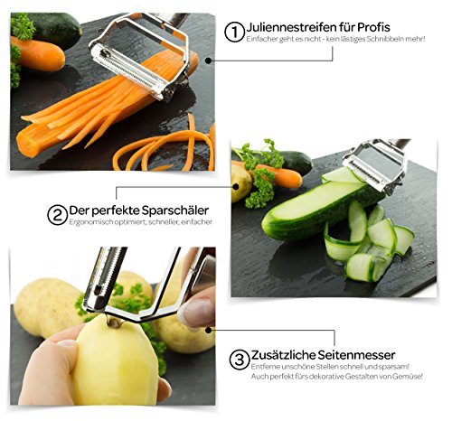 Sandford 3-in-1 Sparschäler & Julienneschneider | Edelstahl Kartoffelschäler / Gemüseschneider für Obst und Gemüse | Streifenschneider / Spiralschneider für Gemüse-Spaghetti | inkl. Reinigungsbürste - 4
