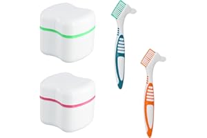 EHUIHUAN 2 Piezas Portátiles Dentaduras, Cepillo para Dentaduras Postizas, Cepillo de Limpieza de Dientes Postizos, 2 Caja de Dentadura Postiza para Remojo Limpieza (Rosa, Verde)