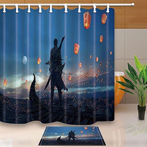 Anime Shower Curtains Cool Japanese Ninja Hidden Warrior Sky Lantern 180X180CM Mildew Resistant Polyester Fabric Shower Curtain Set With 60x40cm Flannel Non-Slip Floor Doormat Bath Rugs