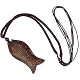 Vintage Kunstleder Halskette Kette Holz Glück Fisch Anhänger Braun