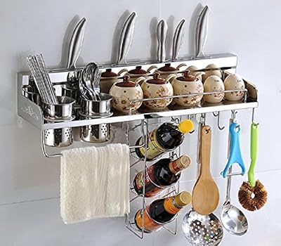 Alicemall Rack mural cuisine en acier inox avec 10 crochets à usage multiples Etagère de cuisine suspendu Cuisine Rail de crédence Porte-bouteille condiment Barre de suspension(60cm, 10 crochets, 3 niveaux pour bouteilles)