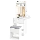 COSTWAY Makeup Vanity with Light and Mirror, Station Charging | Stool with Storage, Small Folding Panel Dressing Table with D