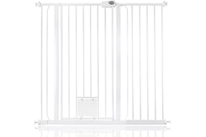 Bettacare Pet Gate with Lockable Cat Flap, 113.8cm - 121.4cm, White, 104cm in Height, Extra Tall Dog Safety Barrier with Cat Flap, Easy Installation