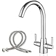 Kitchen Tap Mixer for Kitchen Sink Monobloc Tap Dual Lever 360 Swivel Chrome Kitchen Sink Taps UK Standard 1 Hole Deck Mount with 20 Inch Flexi Tails