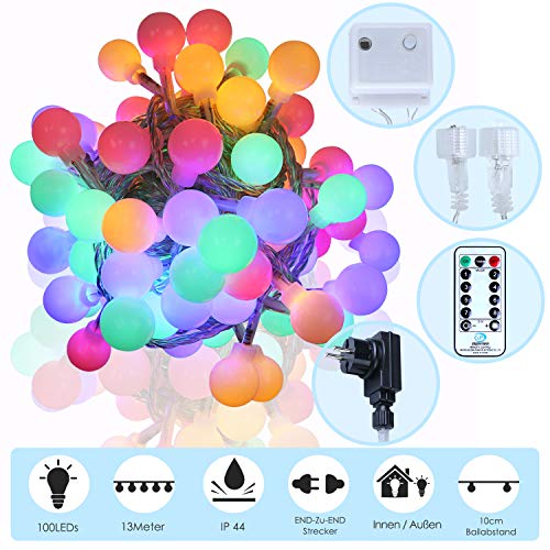 DECKEY Catena Luminosa Stringa Luci LED 100 Bulbi 13m Interno e Esterno 8 Modalità Dimmerabili IP44 Impermeabile con Controllo Per Natale, Anno Nuovo, Matrimonio,Casa